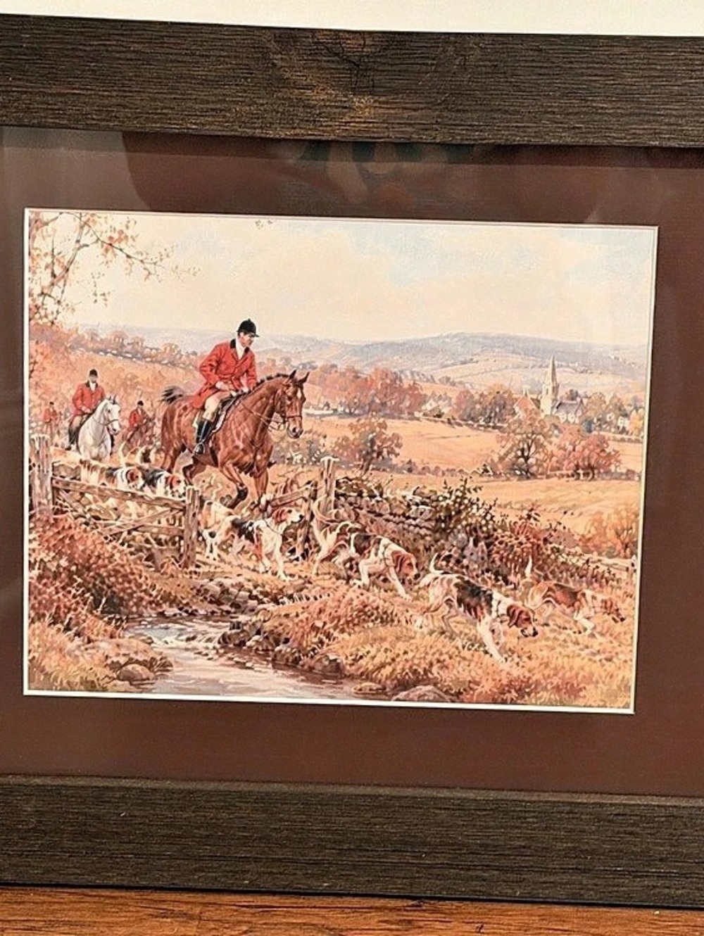 Framed Equestrian Hunting Scene Print Brown Wood Rustic Frame